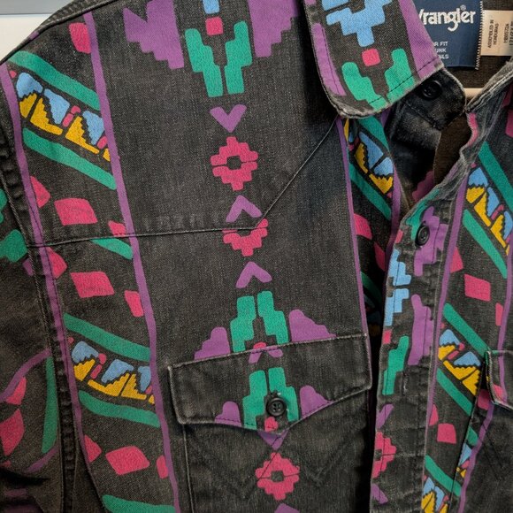 Vintage WRANGLER Brushpopper Button Down Shirt X-Long Tails Aztec Western 17-35 - Picture 2 of 5